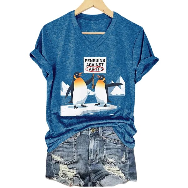 Retro Penguins Against Tariffs Print T-Shirt