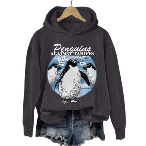 Womens Penguins Against Tariffs Print Sweatshirt3