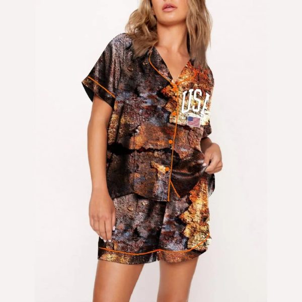 USA Flag Dilapidated Ruins Print Pajama Set