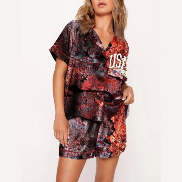 USA Flag Dilapidated Ruins Print Pajama Set