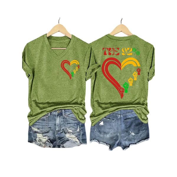 V-Neck Retro Black Women 92% Print T-Shirt