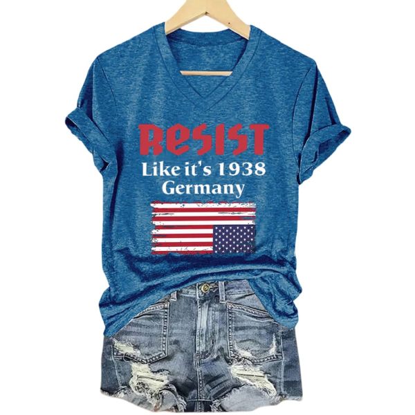 V-Neck Retro Resist Like It’s 1938 Germany Print T-Shirt