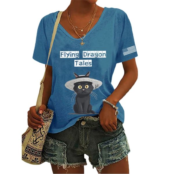 Women’s FDT Flying Dragon Tales Printed V-Neck T-Shirt
