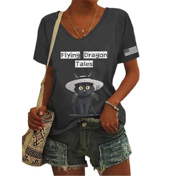 Women’s FDT Flying Dragon Tales Printed V-Neck T-Shirt