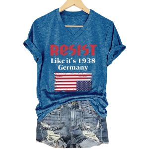 V Neck Retro Resist Like Its 1938 Germany Print T Shirt3