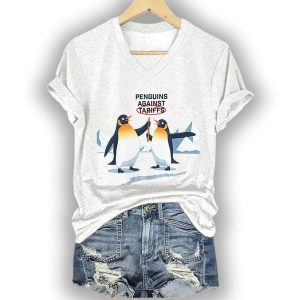 Retro Penguins Against Tariffs Print T Shirt3