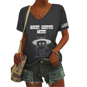 Womens FDT Flying Dragon Tales Printed V Neck T Shirt3