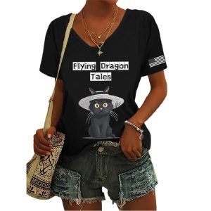 Womens FDT Flying Dragon Tales Printed V Neck T Shirt