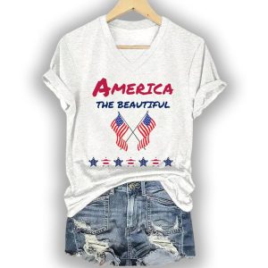 V Neck America The Beautiful Print T Shirt4