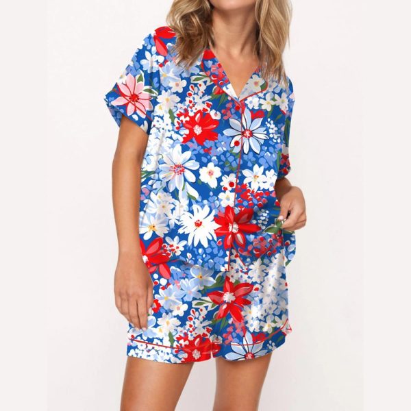 4th Of July Floral Silky Satin Pajama Set