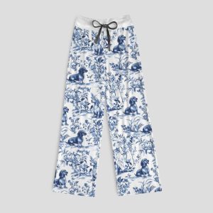 Dachshund Blue Pattern Contrast Wide Leg Pants For Women2