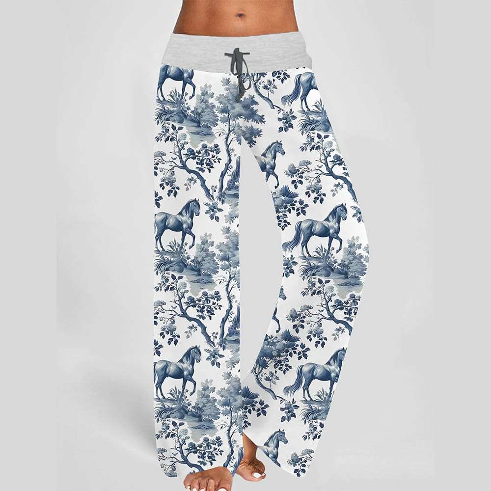 Chinoiserie Horse Toile Contrast Wide Leg Pants For Women Chinoiserie Horse Toile Contrast Wide Leg Pants For Women