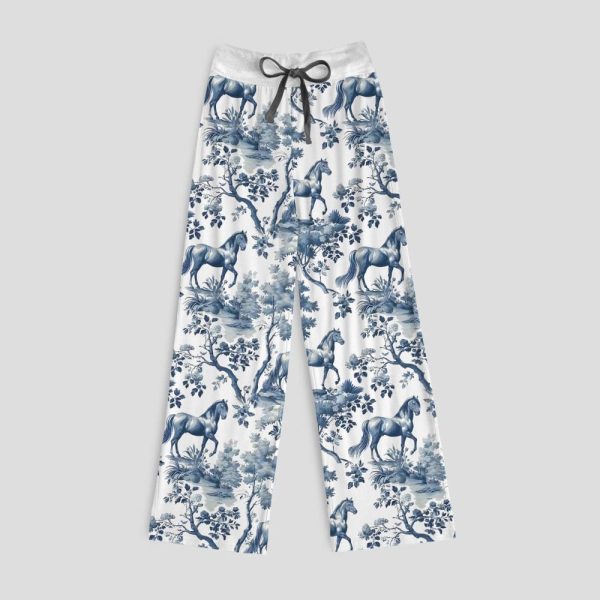 Chinoiserie Horse Toile Contrast Wide Leg Pants For Women