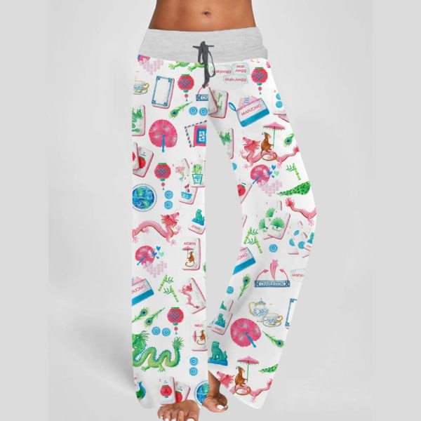 Chinoiserie Mahjong Contrast Wide Leg Pants For Women