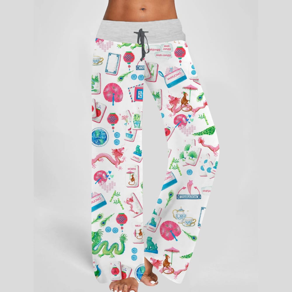 Chinoiserie Mahjong Contrast Wide Leg Pants For Women Chinoiserie Mahjong Contrast Wide Leg Pants For Women