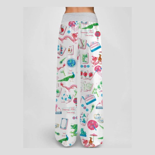 Chinoiserie Mahjong Contrast Wide Leg Pants For Women