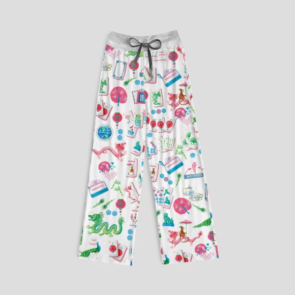 Chinoiserie Mahjong Contrast Wide Leg Pants For Women