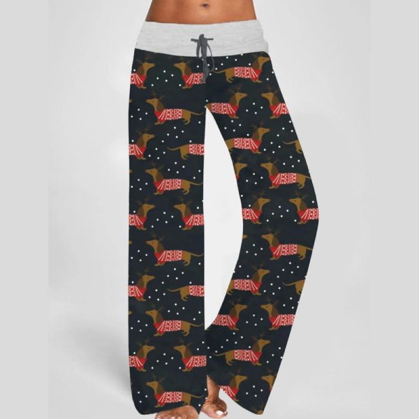 Christmas Dachshund Dog Contrast Wide Leg Pants For Women