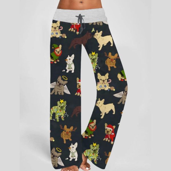 Christmas French Bulldog Contrast Wide Leg Pants For Women