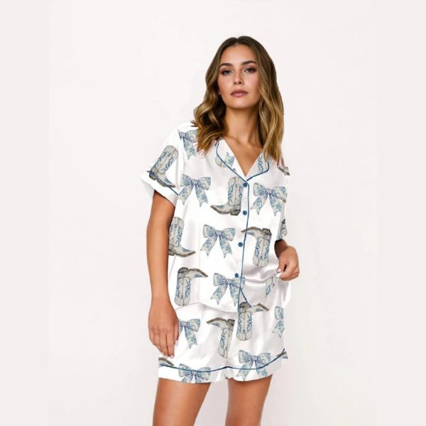 Coquette Blue Bow And Boots Cowgirl Pajama Set