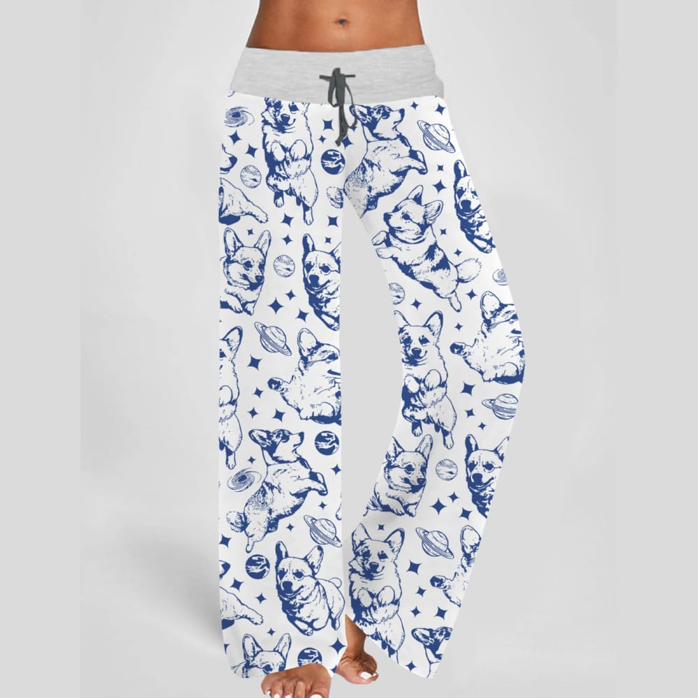 Corgi In Space Contrast Wide Leg Pants For Women Corgi In Space Contrast Wide Leg Pants For Women