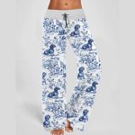 Dachshund Blue Pattern Contrast Wide Leg Pants For Women