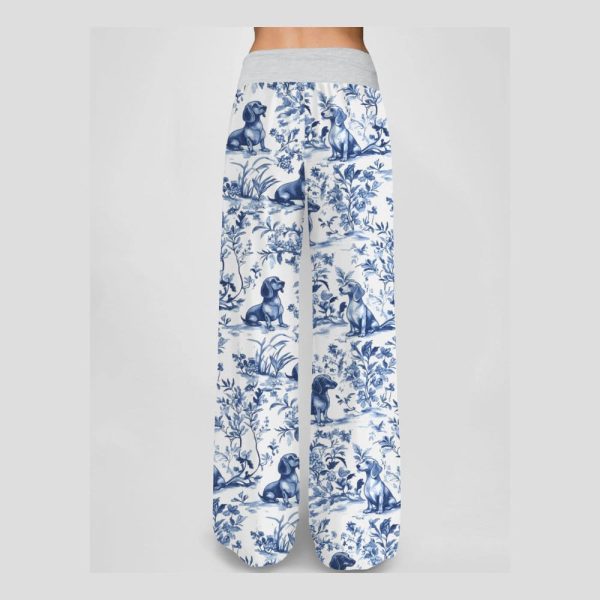 Dachshund Blue Pattern Contrast Wide Leg Pants For Women