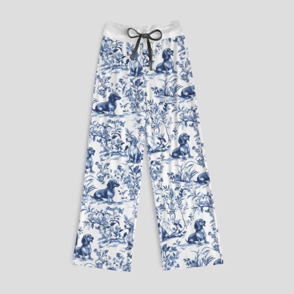 Dachshund Blue Pattern Contrast Wide Leg Pants For Women
