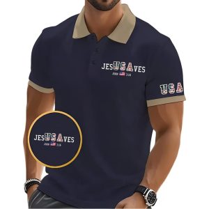 Mens Vintage USA Jesus Saves Printed POLO Shirt1