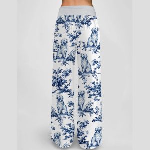 Chinoiserie Golden Retriever Contrast Wide Leg Pants For Women2