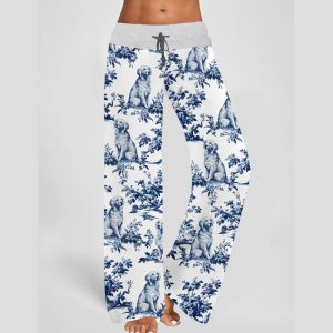 Chinoiserie Golden Retriever Contrast Wide Leg Pants For Women1