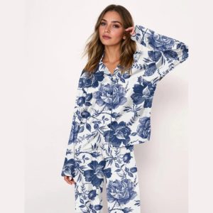 Rose To Fame Blue And White Rose Floral Pajama Set2