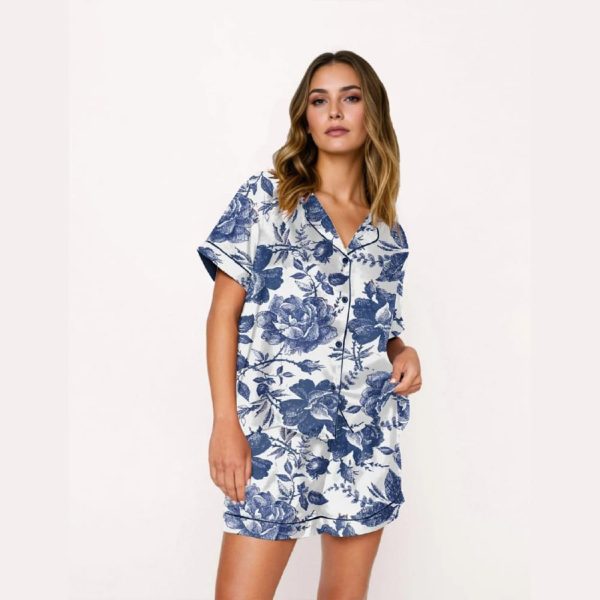 Rose To Fame Blue And White Rose Floral Pajama Set