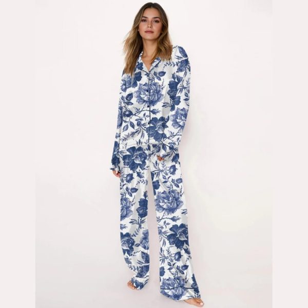 Rose To Fame Blue And White Rose Floral Pajama Set