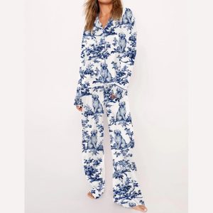 Chinoiserie Golden Retriever Silky Satin Pajama Set2