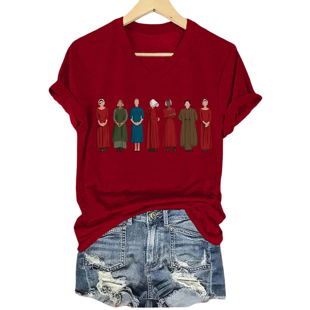 V Neck Retro The Handmaids Tale Print T Shirt V-Neck Retro The Handmaid's Tale Print T-Shirt
