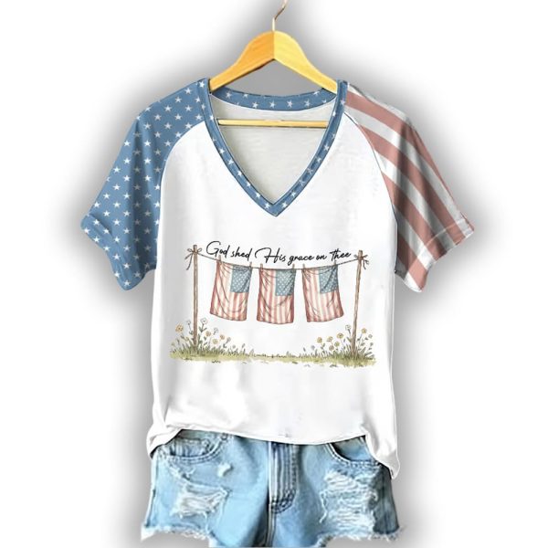 Women’s Retro God Shed His Grace On Thee Print Raglan Short Sleeve T-Shirt