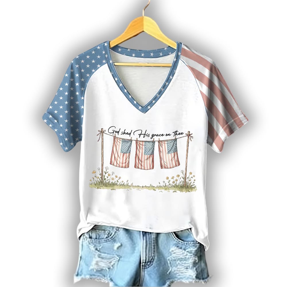 Womens Retro God Shed His Grace On Thee Print Raglan Short Sleeve T Shirt Women's Retro God Shed His Grace On Thee Print Raglan Short Sleeve T-Shirt
