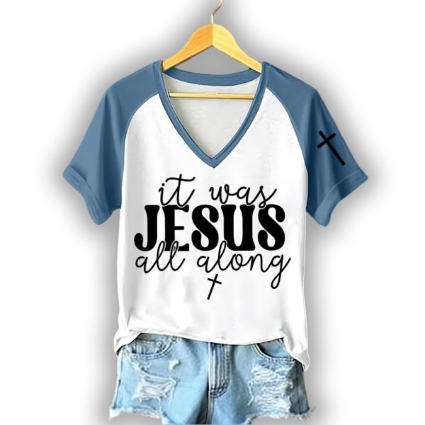 Women’s Retro Jesus It Was Jesus All Along Print Raglan Short Sleeve T-Shirt