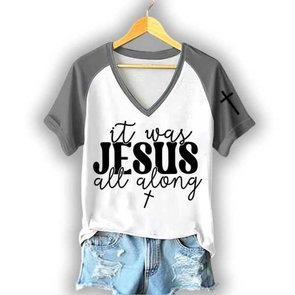 Women’s Retro Jesus It Was Jesus All Along Print Raglan Short Sleeve T-Shirt