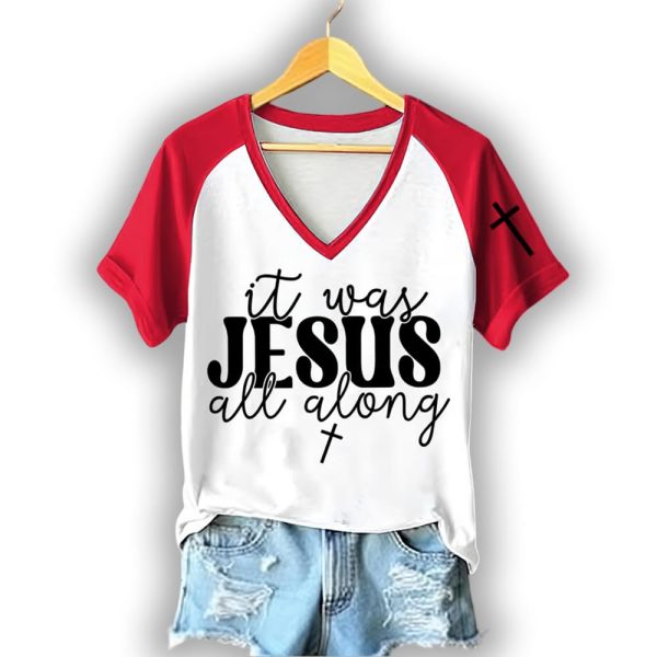 Women’s Retro Jesus It Was Jesus All Along Print Raglan Short Sleeve T-Shirt