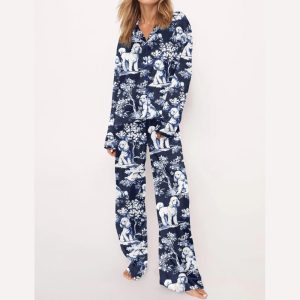 Blue Poodle Dog Silky Satin Pajama Set2