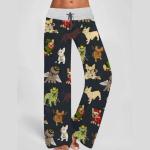 Christmas French Bulldog Contrast Wide Leg Pants For Women