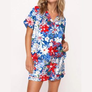 4th Of July Floral Silky Satin Pajama Set