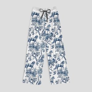 Chinoiserie Horse Toile Contrast Wide Leg Pants For Women2