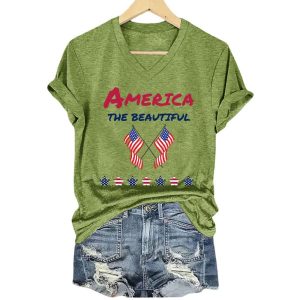 V Neck America The Beautiful Print T Shirt