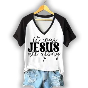 Womens Retro Jesus It Was Jesus All Along Print Raglan Short Sleeve T Shirt