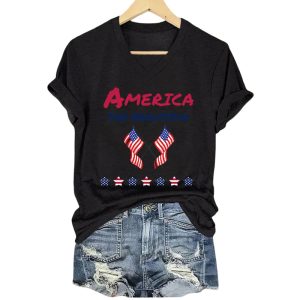 V Neck America The Beautiful Print T Shirt1
