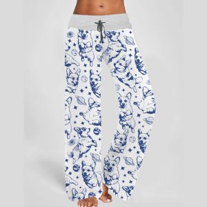Corgi In Space Contrast Wide Leg Pants For Women