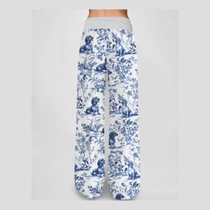Dachshund Blue Pattern Contrast Wide Leg Pants For Women1